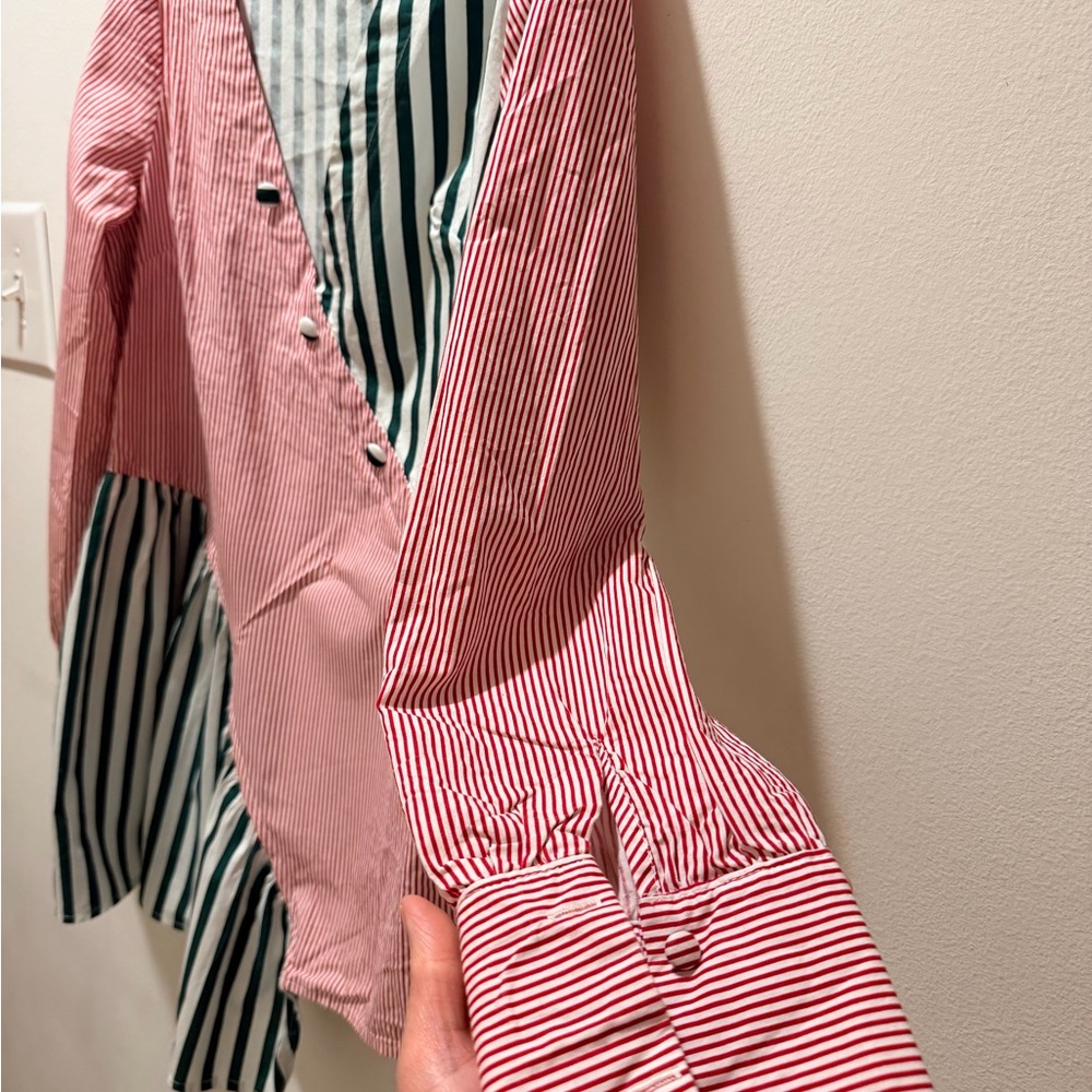 Striped Patchwork Button-Down Blouse In Pink And … - image 5